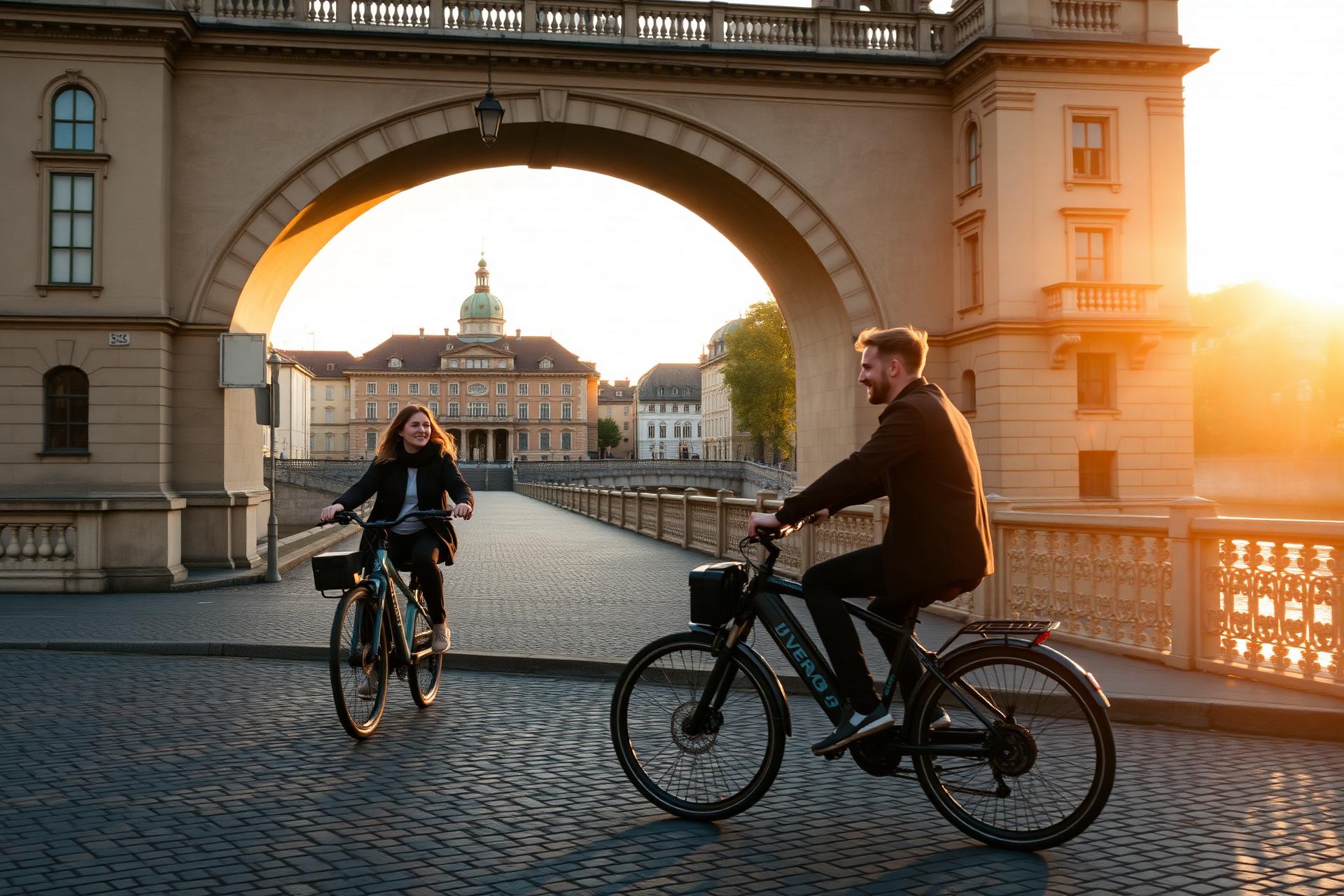Couple riding premium e-bikes across a bridge in Ljubljana at golden hour